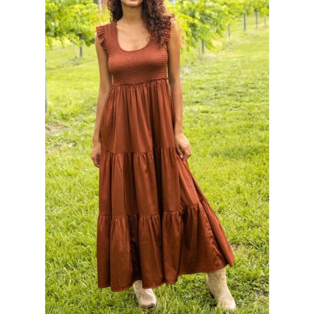 Natural Life Olivia Rust Brown Smocked Maxi Dress Sz XL Cottagecore Flowy Boho